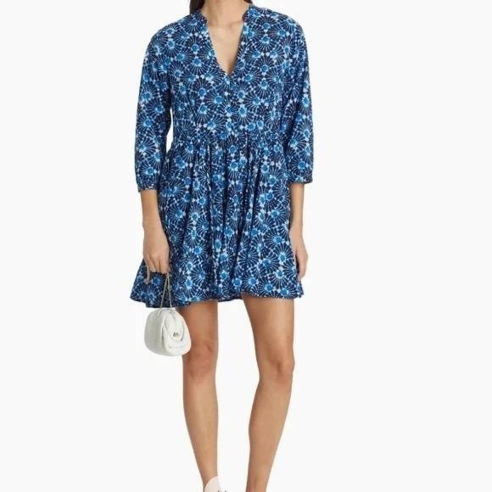 Xirena Mini Dress Womens XS Blue Batik Print Cotton 3/4 Sleeve V-Neck Relaxed